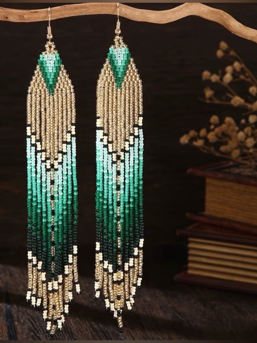 Handcrafted Green Beaded Fringe Earrings - Elegant Statement Jewelry